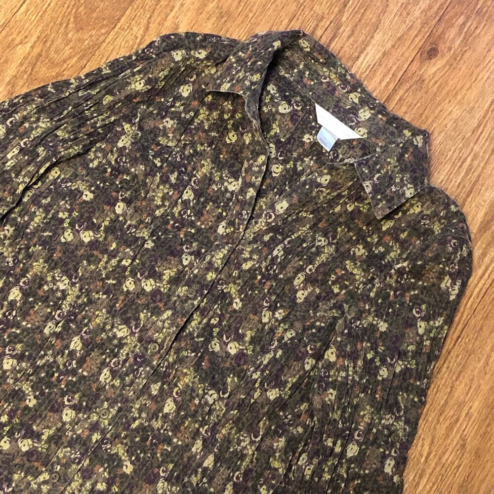 Christopher & Banks Brown Floral Quarter Sleeve Button Front Pleated Shirt Large